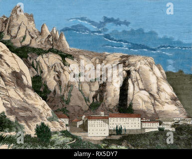 Abbaye de Montserrat. Vue panoramique. Province de Barcelone, Catalogne, Espagne. La gravure. Plus tard la couleur. Crónica general de España, Historia Ilustrada Descriptiva y de sus Provincias. La Catalogne. 1866. Banque D'Images