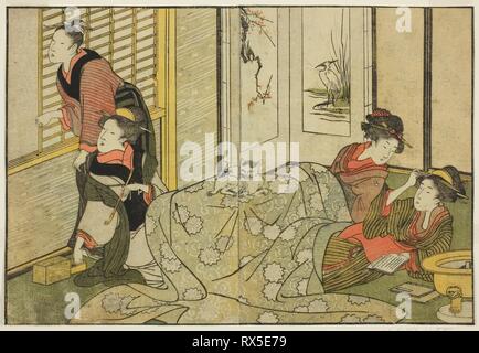 Scène d'intérieur d'un jour de neige, à partir de la livre illustré 'Photo Book : Fleurs des Quatre Saisons (Ehon shiki no hana), volume 2". Kitagawa Utamaro ? ? ?  ? ? ; Japonais, 1753 ( ?)-1806. Date : 1801. Dimensions : . Gravure sur bois en couleur, double-page illustration de livre. Origine : Japon. Musée : le Chicago Art Institute. Banque D'Images