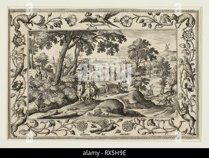 La Fuite en Égypte, de paysages avec des scènes de l'Ancien et du Nouveau Testament et des scènes de chasse. Adriaen Collaert (flamand), ch. 1560-1618) ; après Hans Bol (flamand, 1535-1593) ; publié par Anna van Hoeswinckel (flamand). Date : 1584. Dimensions : 143 × 200 mm (image/soutien primaire, parés à l'intérieur d'une plaque marque) ; 176 × 238 mm (support secondaire). Gravure en noir sur papier vergé crème, fixées sur papier vergé crème. Origine : la Flandre. Musée : le Chicago Art Institute. Auteur : Adriaen Collaert. II Banque D'Images