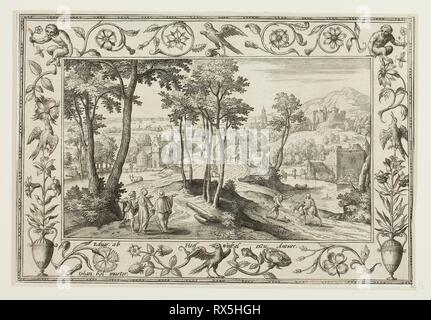 Le voyage à Emmaüs, des paysages avec des scènes de l'Ancien et du Nouveau Testament et des scènes de chasse. Adriaen Collaert (flamand), ch. 1560-1618) ; après Hans Bol (flamand, 1535-1593) ; publié par Anna van Hoeswinckel (flamand). Date : 1584. Dimensions : 143 × 200 mm (image/soutien primaire, parés à l'intérieur d'une plaque marque) ; 176 × 238 mm (support secondaire). Gravure en noir sur papier vergé crème, fixées sur papier vergé crème. Origine : la Flandre. Musée : le Chicago Art Institute. Auteur : Adriaen Collaert. II Banque D'Images