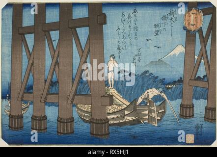 Vue de dessous du pont (Shin Shin Ohashi Ohashi kyoka pas chobo), de la série "Trente-six vues du Mont Fuji vu de la capitale de l'Est (Toto Fujimi sanjurokkei)'. Utagawa Kuniyoshi, Japonais, 1797-1861. Date : 1838-1848. Dimensions : 23,4 x 34,9 cm (9 3/16 x 13 3/4 in.). Gravure sur bois en couleur ; Oban. Origine : Japon. Musée : le Chicago Art Institute. Banque D'Images