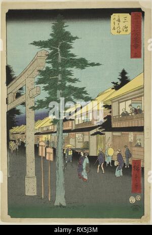 Mishima : La première porte de la Mishima Daimyojin culte, no. 12 de la série "célèbre de vue les cinquante-trois Stations (Gojusan tsugi meisho zue), aussi connu comme le Tokaido verticale. Utagawa Hiroshige ? ?  ? ? ; Japonais, 1797-1858. Date : 1855. Dimensions : 36,2 x 24,8 cm (14 1/4 x 9 3/4 in.). Gravure sur bois en couleur ; Oban. Origine : Japon. Musée : le Chicago Art Institute. Banque D'Images