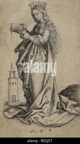 Ste Barbe. Martin Schongauer ; allemand, c. 1450-1491. Date : 1450-1491. Dimensions : 101 × 63 mm (feuille). Gravure sur papier. Origine : Allemagne. Musée : le Chicago Art Institute. Banque D'Images