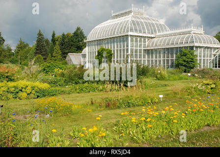 Le Jardin botanique de Kaisaniemi avec une serre et des fleurs colorées à Helsinki, Finlande, Europe. Jardins botaniques de l'Université d'Helsinki. Banque D'Images