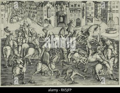 Le tournoi. Master M.Z. ; allemand, active 1500-1550. Date : 1500. Dimensions : 224 x 314 mm (feuille). Gravure en noir sur papier ivoire. Origine : Allemagne. Musée : le Chicago Art Institute. Auteur : Maître M. Z.ZASINGER MATTHAEUS. Banque D'Images