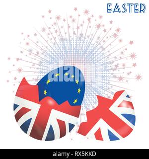 Œuf de pâques avec drapeau britannique Broken et montrant l'intérieur d'un Œuf de Pâques avec drapeau européen sur fond blanc avec éclatement d'Étoile Illustration de Vecteur