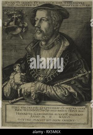 Jan van Leyden. Heinrich Aldegrever ; allemand, 1502-c.1560. Date : 1536. Dimensions : 320 x 232 mm (image/plaque/feuille). Gravure en noir sur papier vergé crème. Origine : Allemagne. Musée : le Chicago Art Institute. Banque D'Images