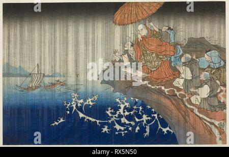 Prier pour la pluie à Ryozengasaki à Kamakura, 1271 (Bun'ei ame Ryozengasaki inoru Kamakura hachi), de la série 'concis biographie illustrée du Grand Prêtre [] Nichiren (Koso rendez ichidai ryakuzu)'. Utagawa Kuniyoshi, Japonais, 1797-1861. Date : 1825-1840. Dimensions : 21,7 x 34,1 cm (8 9/16 x 13 7/16 po.). Gravure sur bois en couleur ; Oban. Origine : Japon. Musée : le Chicago Art Institute. Banque D'Images