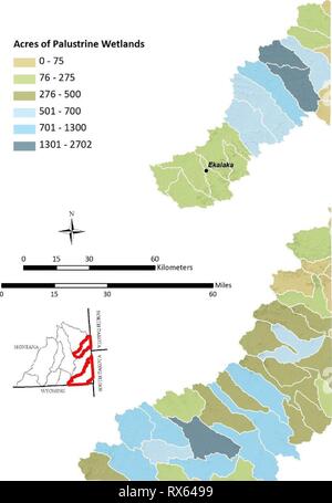 Sud-est de l'évaluation des zones humides au sud-est du Montana Montana Évaluation des zones humides : l'élaboration et l'amélioration de l'évaluation d'une zone humide et une stratégie de suivi EF0D78E0-16DC-40CF-B45F-BC3E350455B9 Année : 2013 petit bassin versant de la rivière Missouri supérieur Figure 30. Acres de terres humides palustres par sixième unité hydrologique code dans la partie supérieure du bassin versant de la rivière Missouri peu. Banque D'Images