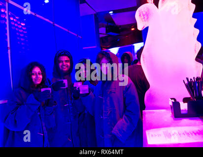 Farenheit 21 : l'Inde et le premier en ce moment seulement icebar, Mumbai. La barre est maintenue à moins 6 degrés Celsius toute l'année. Le bar est construit de glace de la tête aux pieds. Que signifie la barre est la glace, les tables sont la glace, les murs sont de la glace, les chaises sont de glace (bien qu'avec les revêtements de tapis de sorte que votre dos ne t choc) etc. Un garçon vêtu d'un duffle-coat Parka style vous sert une gamme de boissons dans la glace qui fait des lunettes. Trois hommes indiens qui ont construit le Chill Out Bar à Glaces à Dubaï quitter le groupe Charaf, qui était propriétaire de ce bar, et a commencé cette aventure à Mumbai qui a ouvert ses portes en novembre 2009. Ils ont eu l'idée firs Banque D'Images