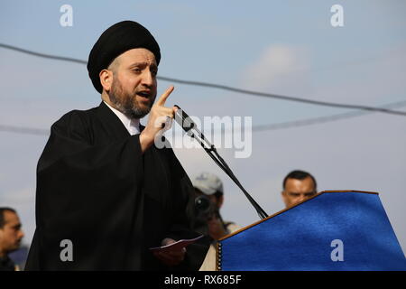 Bagdad, Iraq. 05Th Mar, 2019. Ammar al-Hakim, chef musulman chiite et chef de parti Hikma prononce un discours lors de la commémoration de l'assassinat de l'imam chiite Mohammed Baqir al Hakim - Journée des Martyrs irakiens sur. Ameer Al Mohmmedaw : Crédit/dpa/Alamy Live News Banque D'Images