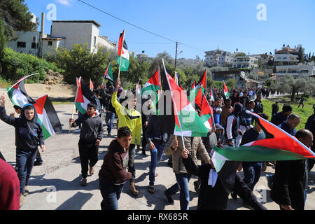 Ramallah, Cisjordanie, territoire palestinien. Feb 8, 2018. Des manifestants palestiniens portent les drapeaux nationaux au cours d'une manifestation dans le village de Beit Sira, près de la ville de Ramallah, en Cisjordanie, le 8 mars 2019. Un certain nombre de Palestiniens ont été blessés par balles, tandis que des dizaines de grenades lacrymogènes à la suffocation, vendredi matin, lors d'affrontements violents entre les forces israéliennes et des jeunes Palestiniens dans le village de Beit Sira Crédit : Hadi Sabarna Images/APA/ZUMA/Alamy Fil Live News Banque D'Images