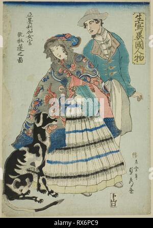 American Woman jouant un nyokan akodeon Altenbruchhausen (accordéon wo hiku no zu), de la série "étrangers tirés de la vie (Ikiutsushi jinbutsu ikoku)'. Utagawa Sadahide ; japonais, 1807-1873. Date : 1860. Dimensions : . Gravure sur bois en couleur ; Oban. Origine : Japon. Musée : le Chicago Art Institute. Banque D'Images