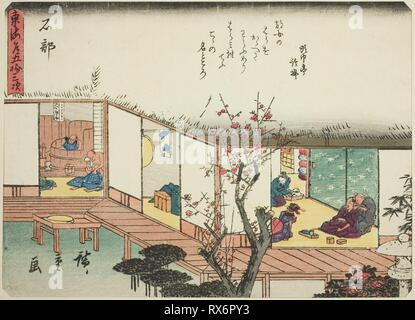 Ishibe, de la série "Cinquante-trois Stations du Tokaido (Tokaido gojusan tsugi), aussi connu comme le Tokaido avec poème (iri Kyoka Tokaido). Utagawa Hiroshige ? ?  ? ? ; Japonais, 1797-1858. Date : 1832-1847. Dimensions : 16,9 x 22,8 cm (6 5/8 x 8 15/16 in.). Gravure sur bois en couleur ; chuban. Origine : Japon. Musée : le Chicago Art Institute. Banque D'Images