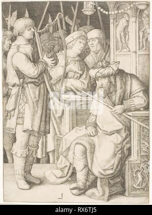 David jouant de la Harpe devant Saül. Lucas van Leyden, Russisch ; 1494-1533. Date : 1503-1513. Dimensions : 255 x 185 mm (image/feuille, parés à l'intérieur d'une plaque d'interrogation). Gravure en noir sur papier vergé ivoire. Origine : Pays-Bas. Musée : le Chicago Art Institute. Banque D'Images