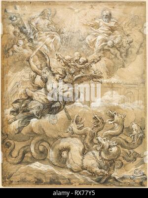 La Sainte Trinité avec Saint Michel La conquête du Dragon. Pietro da Cortona, italien, 1596-1669. Date : 1656-1669. Dimensions : 458 x 357 mm. Plume et encre brune, avec brosse de lavage et brun et gris, rehaussée de blanc de plomb (décolorée) et craie noire sur papier vergé, tan, tan mis sur la carte posée. Origine : Italie. Musée : le Chicago Art Institute. Banque D'Images