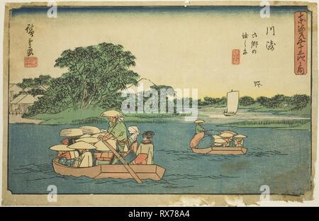 Kawasaki : Ferry Boats à Rokugo (Kawasaki, Rokugo pas watashibune), de la série "Cinquante-trois Stations du Tokaido (Tokaido gojusan tsugi no uchi), aussi connu sous le nom de Gyosho Tokaido. Utagawa Hiroshige ? ?  ? ? ; Japonais, 1797-1858. Date : 1836-1849. Dimensions : 21,6 x 33 cm (8 1/2 x 13 in.). Gravure sur bois en couleur ; aiban. Origine : Japon. Musée : le Chicago Art Institute. Banque D'Images