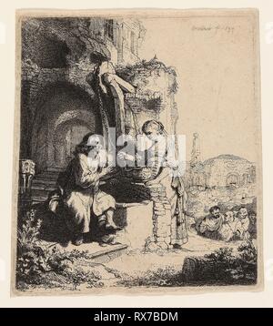 Le Christ et la femme de Samarie parmi les ruines. Rembrandt van Rijn, néerlandais, 1606-1669. Date : 1634. Dimensions : 122 x 106 mm (image/plaque) ; 126 x 112 mm (feuille). Gravure sur papier vergé crème. Origine : Pays-Bas. Musée : le Chicago Art Institute. Auteur : Rembrandt Harmenszoon van Rijn. Banque D'Images