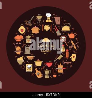 La cuisson à l'amour de l'arrière-plan circulaire d'icônes sur le thème de la cuisine et la cuisson avec lettrage. L'arrière-plan pour la décoration du menu de Illustration de Vecteur