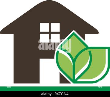 Logo Vector jardin formel. Résumé La Maison avec terrain et feuilles vertes, de pépinière Illustration de Vecteur