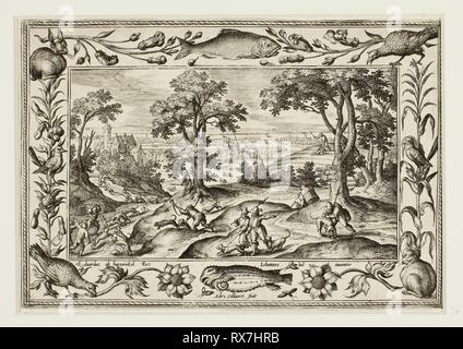 Chasse au lièvre, de paysages avec des scènes de l'Ancien et du Nouveau Testament et des scènes de chasse. Adriaen Collaert (flamand), ch. 1560-1618) ; après Hans Bol (flamand, 1535-1593) ; publié par Anna van Hoeswinckel (flamand). Date : 1584. Dimensions : 143 × 200 mm (image/soutien primaire, parés à l'intérieur d'une plaque marque) ; 176 × 238 mm (support secondaire). Gravure en noir sur papier vergé crème, fixées sur papier vergé crème. Origine : la Flandre. Musée : le Chicago Art Institute. Auteur : Adriaen Collaert. II Banque D'Images