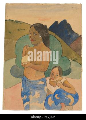 Deux femmes tahitiennes dans un paysage. Paul Gauguin ; français, 1848-1903. Date : 1887-1897. Dimensions : 322 × 238 mm. Matrice Monotype à l'aquarelle et à la gouache, avec un pinceau et encre verte, plus de traces de graphite, sur papier Japon crème, fixées sur papier vélin beige (en partie retiré). Origine : France. Musée : le Chicago Art Institute. Banque D'Images