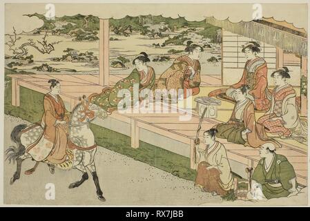 Le premier cheval de la nouvelle année norizome (UMA), à partir de l'ouvrage illustré "Couleurs de l'aube (Saishiki Triple mitsu no asa)'. Torii Kiyonaga, Japonais, 1752-1815. Date : 1782-1792. Dimensions : 25,3 x 38,1 cm. Gravure sur bois en couleur, Oban, la page d'un livre illustré. Origine : Japon. Musée : le Chicago Art Institute. Banque D'Images