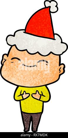 Happy hand drawn textured caricature d'un homme chauve wearing santa hat Illustration de Vecteur