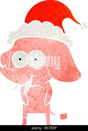 Happy hand drawn retro cartoon d'un elephant wearing santa hat Illustration de Vecteur