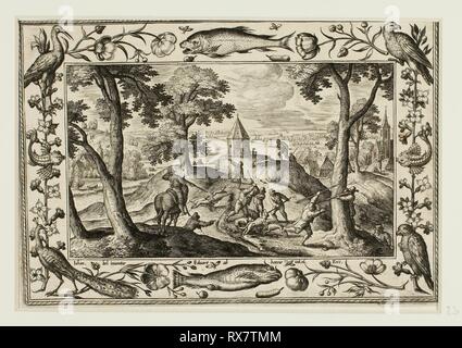 Chasse au loup, de paysages avec des scènes de l'Ancien et du Nouveau Testament et des scènes de chasse. Adriaen Collaert (flamand), ch. 1560-1618) ; après Hans Bol (flamand, 1535-1593) ; publié par Anna van Hoeswinckel (flamand). Date : 1584. Dimensions : 143 × 200 mm (image/soutien primaire, parés à l'intérieur d'une plaque marque) ; 176 × 238 mm (support secondaire). Gravure en noir sur papier vergé crème, fixées sur papier vergé crème. Origine : la Flandre. Musée : le Chicago Art Institute. Auteur : Adriaen Collaert. II Banque D'Images