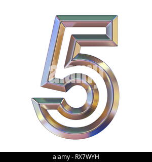 Police avec Chrome réflexions colorées numéro 5 5 3D render illustration isolé sur fond blanc Banque D'Images
