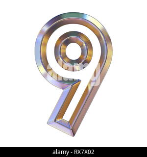Police avec Chrome réflexions colorées numéro 9 9 3D render illustration isolé sur fond blanc Banque D'Images