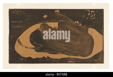 Manau tupapau (elle pense à l'ombre ou le fantôme pense à sa), à partir de la suite Noa Noa. Paul Gauguin ; français, 1848-1903. Date : 1893-1894. Dimensions : 204 × 356 mm (image) ; 207 × 357 mm (feuille). Wood-block print, imprimé deux fois en brun et noir, avec des encres, et d'un essuyage sélective sergé transférés, impression sur papier vélin rose pâle à brun (décoloré). Origine : France. Musée : le Chicago Art Institute. Banque D'Images