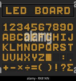 Digital LED orange majuscules font, nombre et affichant des symboles mathématiques sur fond noir Illustration de Vecteur