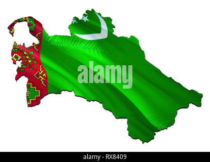 Site sur le Turkménistan Waving Flag. Le rendu 3D et carte Turkménistan Waving Flag sur l'Asie carte. Le symbole national du Turkménistan. Le Turkménistan drapeau sur Banque D'Images