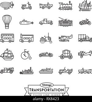 Collection de véhicules de transport vintage vector icons. Style du contour plat. Illustration de Vecteur