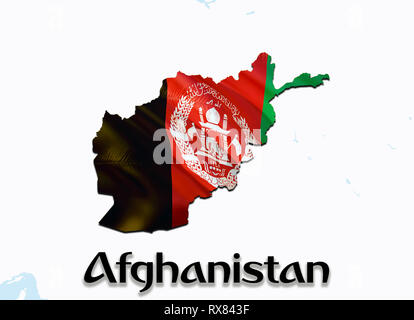 Carte Drapeau de l'Afghanistan. Le rendu 3D'Afghanistan la carte et drapeau sur la carte du Moyen-Orient. Le symbole national de l'Afghanistan. Kaboul drapeau sur Moyen-orient backg Banque D'Images