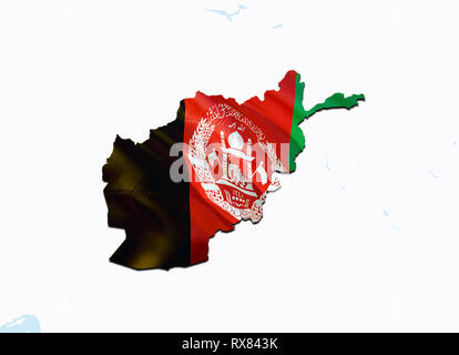 Carte Drapeau de l'Afghanistan. Le rendu 3D'Afghanistan la carte et drapeau sur la carte du Moyen-Orient. Le symbole national de l'Afghanistan. Image de fond carte drapeau de Kaboul Banque D'Images