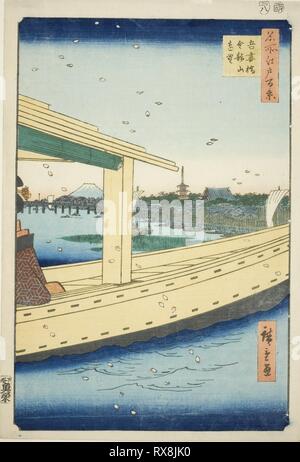 Vue éloignée d'Azuma Bridge et Kinryuzan Azumabashi Kinryuzan enbo (Temple), à partir de la série "Cent vues célèbres d'Edo (Edo Meisho hyakkei)'. Utagawa Hiroshige ? ?  ? ? ; Japonais, 1797-1858. Date : 1857. Dimensions : 36,3 x 24,8 cm (14 3/4 x 9 5/16 in.). Gravure sur bois en couleur ; Oban. Origine : Japon. Musée : le Chicago Art Institute. Banque D'Images