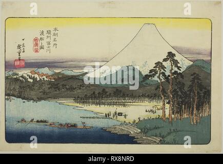 Ferry-boats qui traversent la rivière Fuji dans la province de Suruga (watashibune Sunshu Fujikawa no zu), de la série 'lieux célèbres du Japon (Honcho meisho)'. Utagawa Hiroshige ? ?  ? ? ; Japonais, 1797-1858. Date : 1832-1844. Dimensions : 25,3 x 37,1 cm (9 15/16 x 14 9/16 in.). Gravure sur bois en couleur ; Oban. Origine : Japon. Musée : le Chicago Art Institute. Banque D'Images