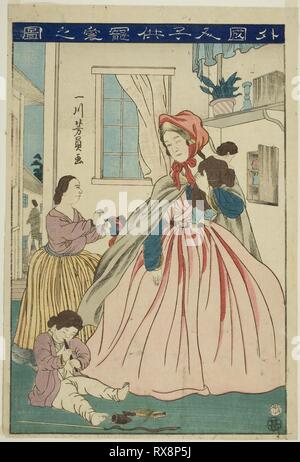 Étranger le soin de ses enfants (gaikokujin choai Kodomo no zu). Utagawa Yoshikazu ; Japonais, active c. 1850-70. Date : 1860. Dimensions : . Gravure sur bois en couleur ; Oban. Origine : Japon. Musée : le Chicago Art Institute. Banque D'Images