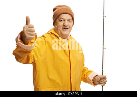 Vieil homme avec une canne à pêche giving Thumbs up isolé sur fond blanc Banque D'Images