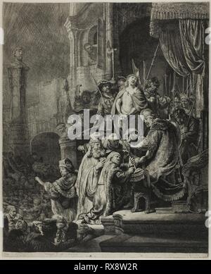 Le Christ devant Pilate : grande plaque. Rembrandt van Rijn, néerlandais, 1606-1669. Date : 1635. Dimensions : 543 x 449 mm (image);552 x 449 mm (plaque);556 x 455 mm (feuille). Gravure sur papier. Origine : Pays-Bas. Musée : le Chicago Art Institute. Auteur : Rembrandt Harmenszoon van Rijn. Banque D'Images