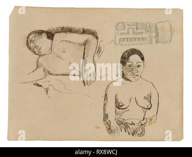 Deux femmes tahitiennes et un bouchon marquisien. Paul Gauguin ; français, 1848-1903. Date : 1891-1893. Dimensions : 240 × 318 mm. Plume et encre brune et graphite sur papier parchemin. Origine : France. Musée : le Chicago Art Institute. Banque D'Images