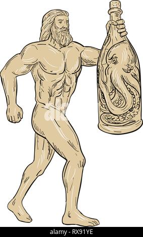 Croquis dessin illustration style de Hercules, un héros romain et la tenue d'un dieu en colère à l'octopus sur fond blanc isolé. Illustration de Vecteur