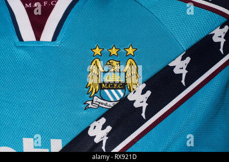 Close up of Manchester City 1998/99 kit accueil Banque D'Images