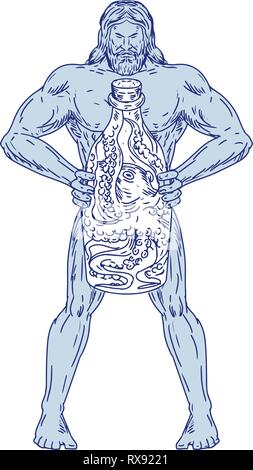 Croquis dessin illustration style de Hercules, un héros romain et Dieu l'équivalent de héros divin grec Héraclès, tenant une bouteille avec une pieuvre à l'intérieur Illustration de Vecteur