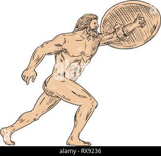 Croquis dessin illustration style de Hercules, un héros romain et Dieu l'équivalent d'Héraclès, héros divin grec avec bouclier et urginf avant sur isolat Illustration de Vecteur