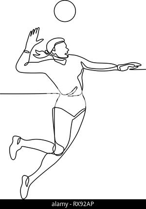 Ligne continue illustration de joueur de volley-ball féminin et de brusque saut la balle vu de côté en noir et blanc de style de produit unique. Illustration de Vecteur