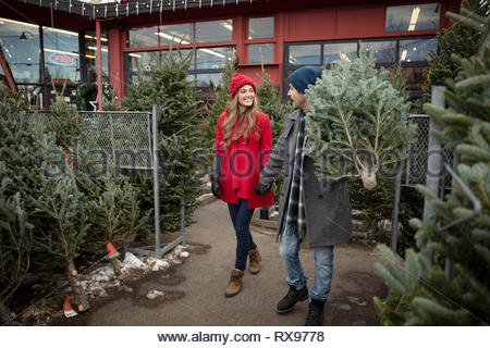 Couple carrying Christmas Tree at Christmas market